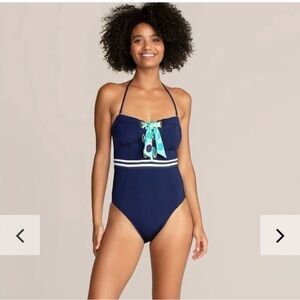 Trina Turk Swimsuit Bandeau One Piece Womens 18W Blue Stripe Tie Front